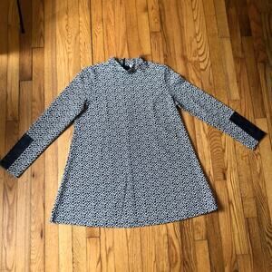 Tyler Boe EUC Women's Black Geo Print Mock Neck Dress Faux Leather Accents S